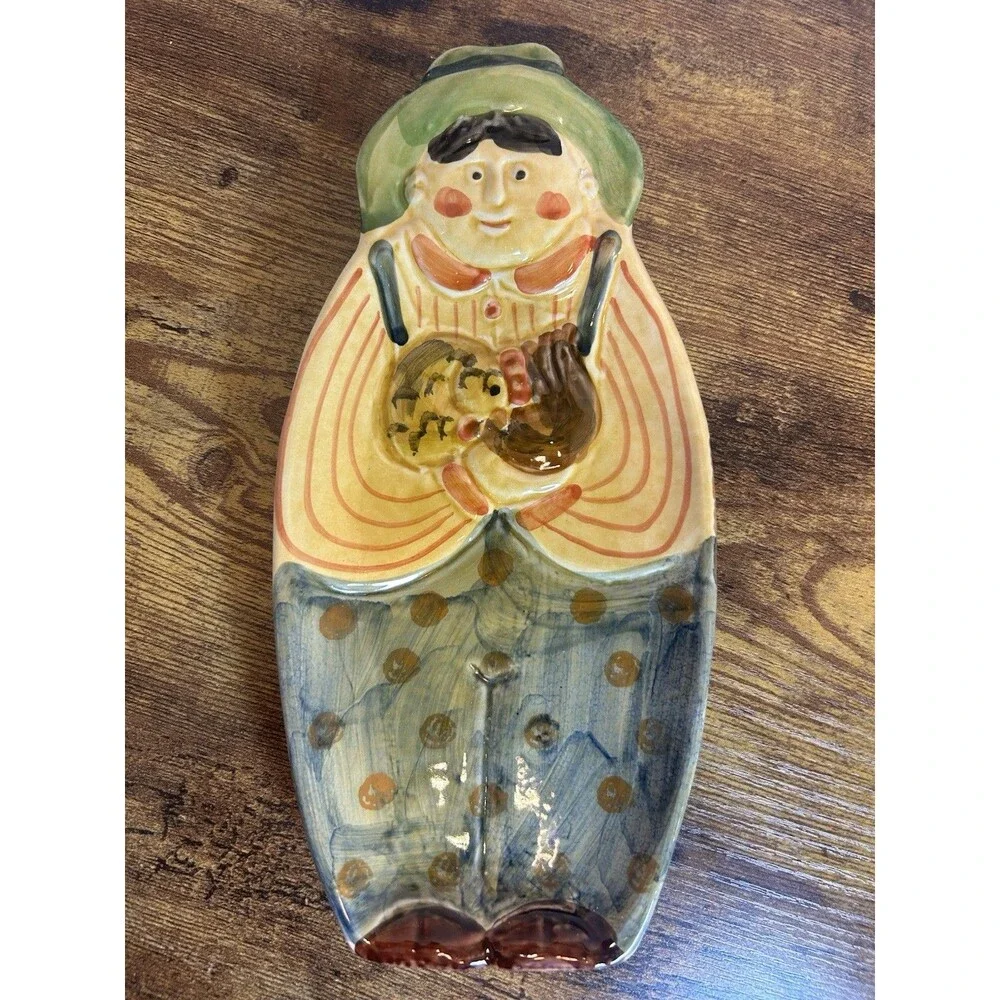 Vintage Italy Hand Painted Ceramic Farmer with Chicken Figural Serving Tray Dish